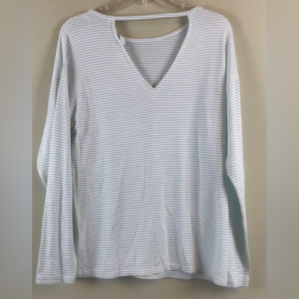 NWT H by Halston blue white Striped Crew Neck V-Back Long Sleeve Top Size Small - Picture 4 of 10
